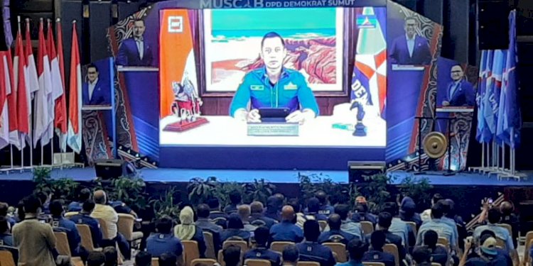 Ketum Partai Demokrat Agus Harimurti Yudhoyono berbicara secara virtual kepada peserta Muscab Serentak 18 DPC PartaI Demokrat di Sumatera Utara/RMOLSumut
